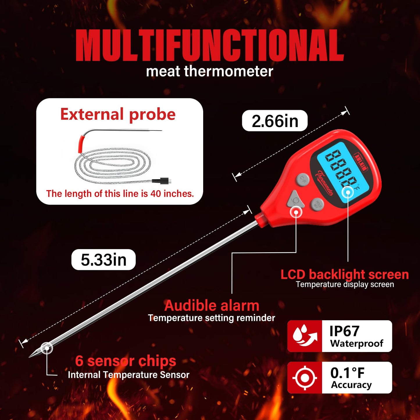 AWLKIM Digital Meat Thermometer with 40-Inch Leave-in External Probe, Rechargeable Instant Read Food Thermometer for Grill BBQ Smoker Oven Kitchen, IP67 Waterproof, Audible Alarm & Hold Function