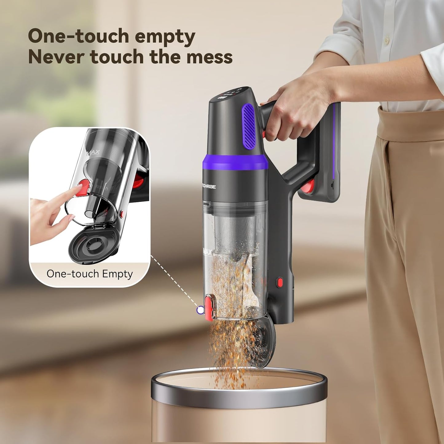 TechRise Cordless Vacuum Cleaner - 500W Stick Vacuum with Anti-Tangle Brush | 60-Min Runtime, LED Display, Lightweight for Hardwood & Carpet