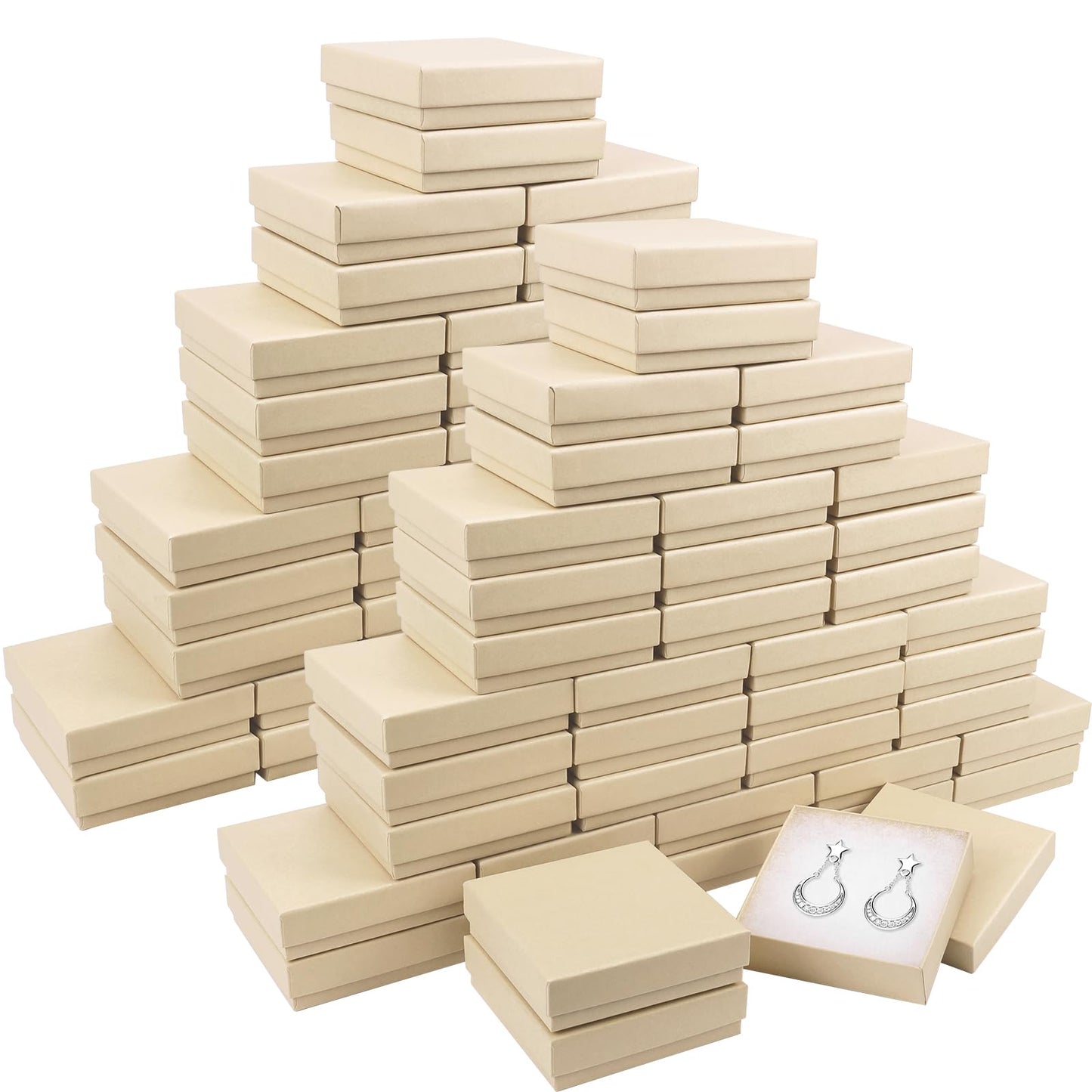 batifine Cardboard Jewelry Gift Boxes, 80 Pack 3.5x3.5x1 Inch, Bulk Cotton Filled Small Jewelry Boxes with Lids for Necklace Ring Bracelet Earring Display Box (Brown)
