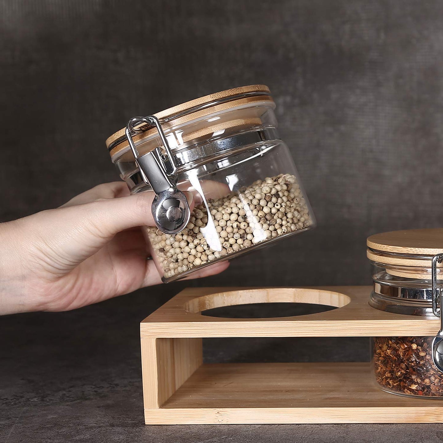 Set of 2 Airtight Glass Tea Canisters with Bamboo Lids & Spoons (27oz) - Ultimate Storage Containers for Loose Leaf Tea to Preserve Freshness & Flavor - Elegant Tea Caddy Jars for Kitchen & Pantry