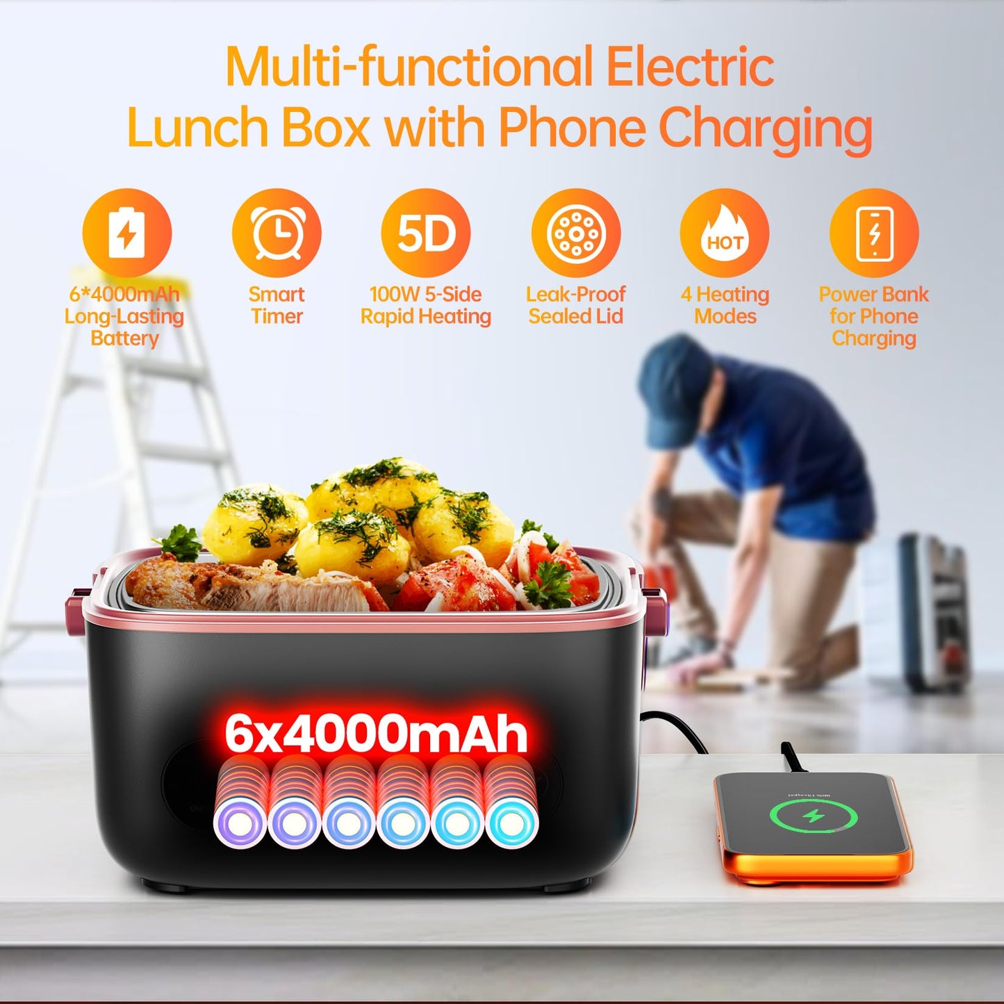 Zapone 2X1.2L Cordless Electric Lunch Box For Adults,6x4000mAh Rechargeable lunch box Upgared 100W 5D Surround Heat Tech,Food Warmer 220°F Max,with Dual Insulated Bag,BPA Free,Brown