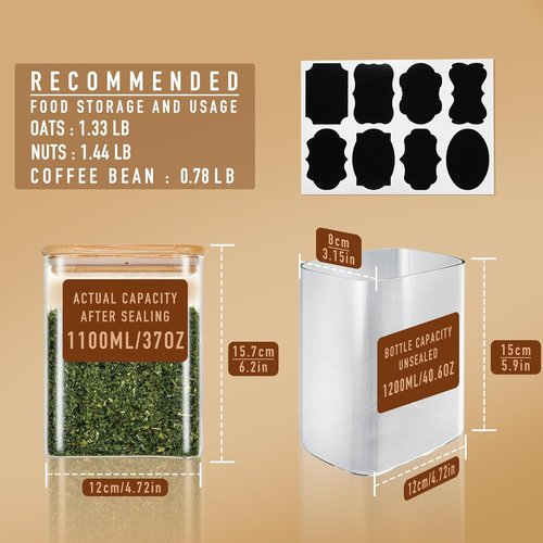 D2scrma Airtight Glass Storage Containers - 37oz Rectangle Set of 6 with Bamboo Lids | Ideal for Cereal, Nuts, Snacks & Coffee Beans