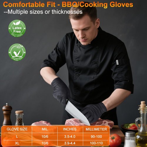 ANBOSON BBQ Gloves - Disposable Heat Resistant Grilling Gloves with 4 Reusable Cotton Liners | 100 Nitrile Gloves, 10Mil Thick, Non-Slip Grip, Black Large