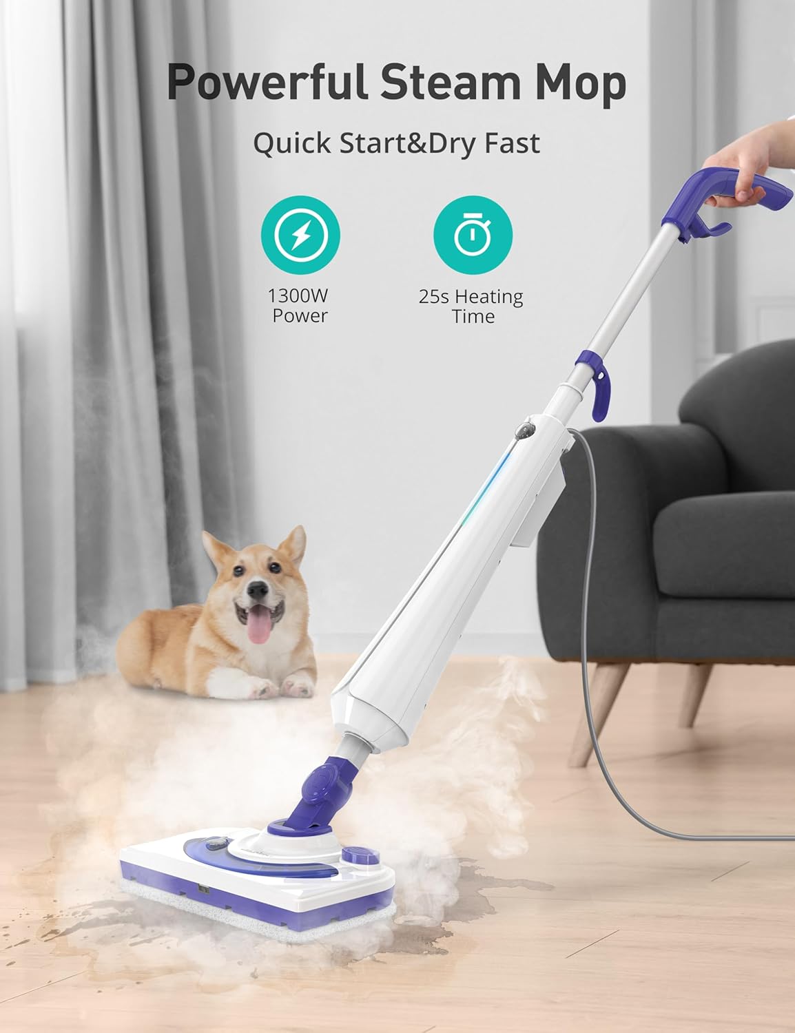 Skiennix 1300W Steam Mop Cleaner - Fast Heating 25s | Lightweight Floor Steamer for Hardwood & Tiles, 2 Washable Pads