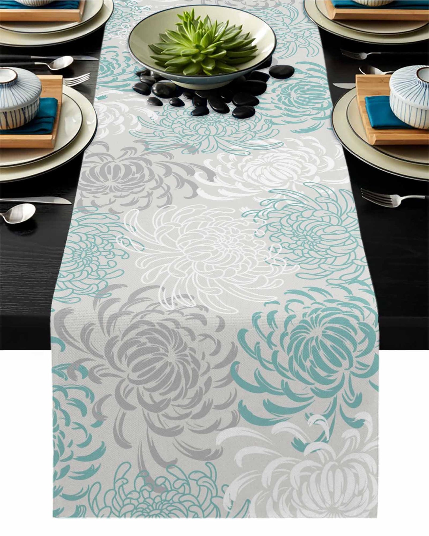 PIEPLE Aqua Chrysanthemum Flowers Table Runner-Cotton Linen-Long 13x108inches Dresser Scarves,Floral Grey Tablerunner for Kitchen Coffee/Dining/End Table Bedroom Living Room,Scarf Decor for Holiday