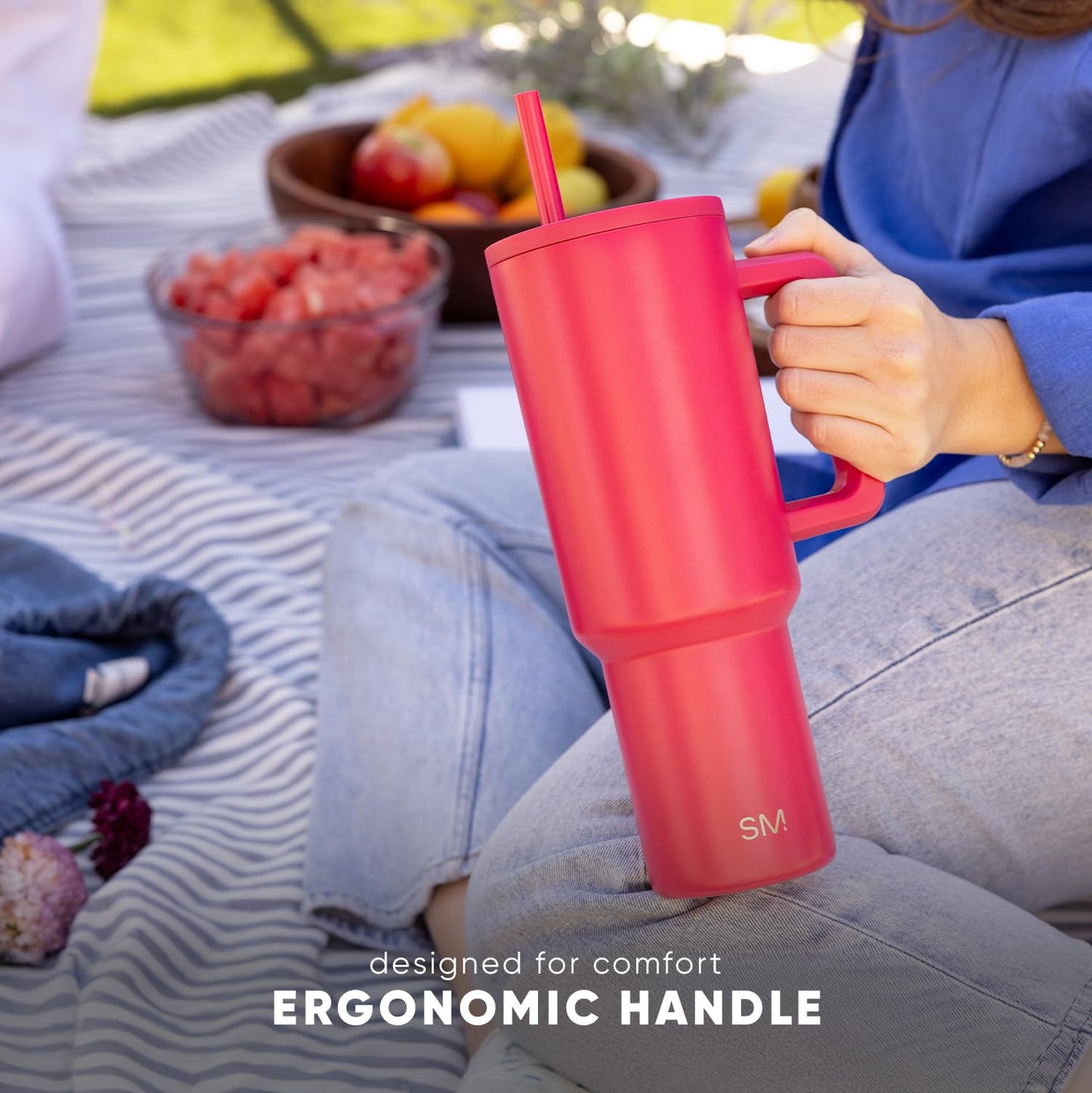 Simple Modern 40 oz Trek Tumbler with Handle and Straw Lid | Cup Holder Friendly Insulated Stainless Steel Travel Mug | Raspberry Vibes