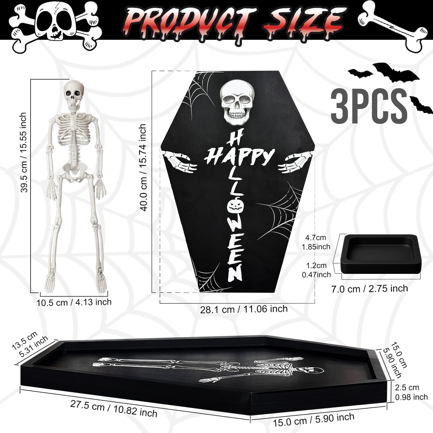 Fayavoo Wood Halloween Coffin Charcuterie Board with Skeleton Patter, Black Coffin Serving Trays with Dipping Saucer, Spooky Halloween Platters for Food Snack Candy Cheese Party Serving Dishes