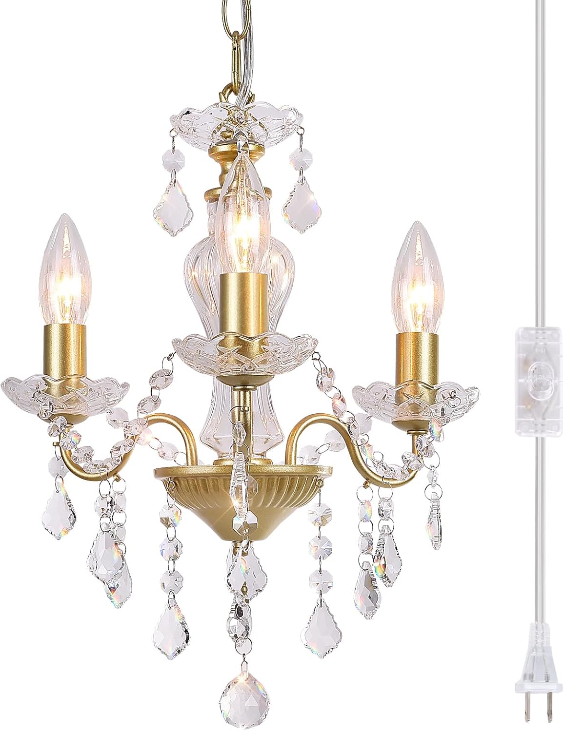 Plug in Modern 3-Light Gold Chandelier with Glass Crystals, Candle Style Pendant Light Fixtures for Living Room, Girls Room, Kitchen Island, Entryway