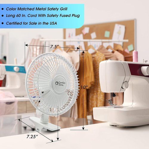 Comfort Zone 6-Inch Corded Clip-On Fan - 2-Speed Quiet Desk Air Circulator with 360° Rotation & Adjustable Tilt