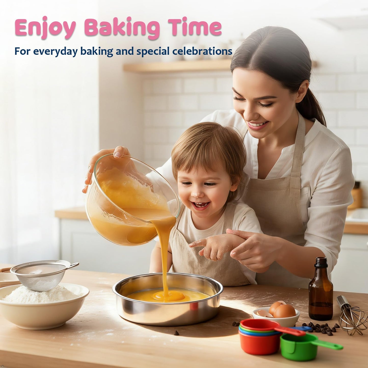 E-far 8 Inch Cake Pan Set of 3, Stainless Steel Round Layer Cake Baking Pans, Non-Toxic & Healthy, Mirror Finish & Dishwasher Safe