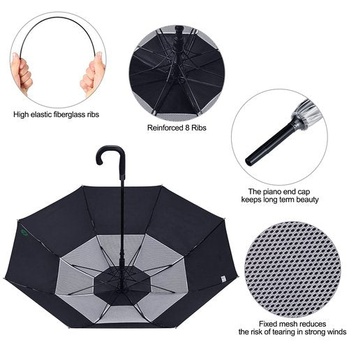 G4Free UPF 50+ 52 Inch UV Protection Umbrella, Automatic Open Hook Handle J Stick Golf Umbrellas for Rain, Sun & Wind Protection(Silver/Black)