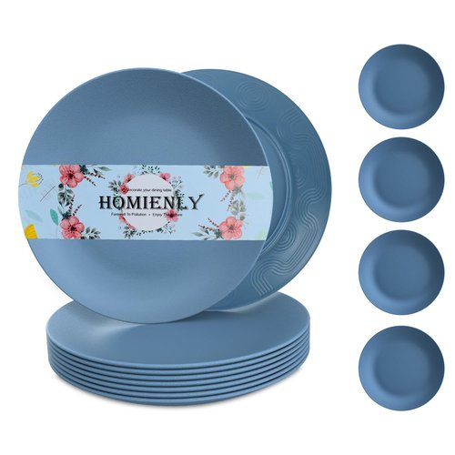 Homienly Flat Dinner Plates Set of 8 Alternative for Plastic Plates Microwave and Dishwasher Safe Wheat Straw Plates for Kitchen Unbreakable Kids Plates (Blue, 9 inch), MS 01