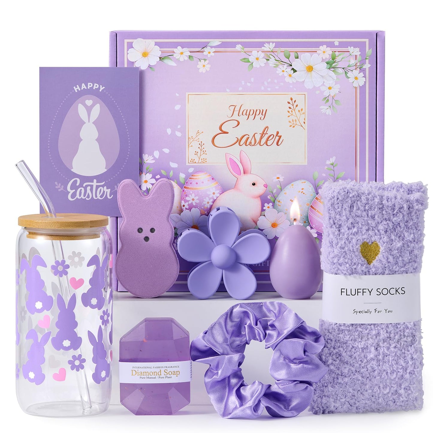 Larchio Easter Basket Stuffers for Women Teens Girls, Easter Gifts for Women with Bunny Tumbler Socks and Flower Hair Clips Spring Gifts for Wife Daughter Sister