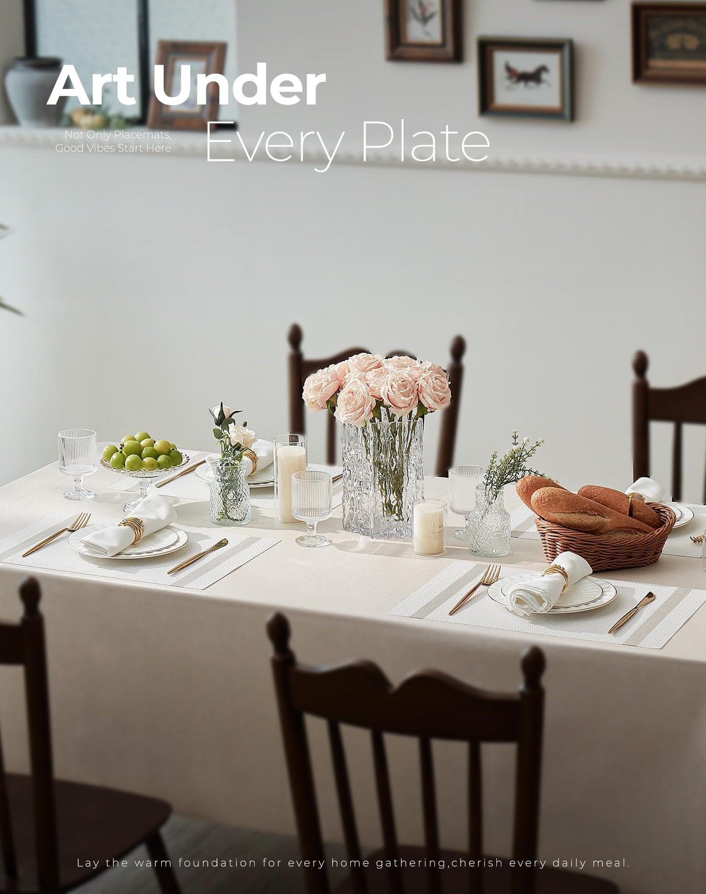 Leetaltree Sparkling White Vinyl Woven Placemats Set of 4 - Washable Dining Table Placemats Striped, Suitable for Wedding, Anniversary, Daily Use - Sparkling Table Decor