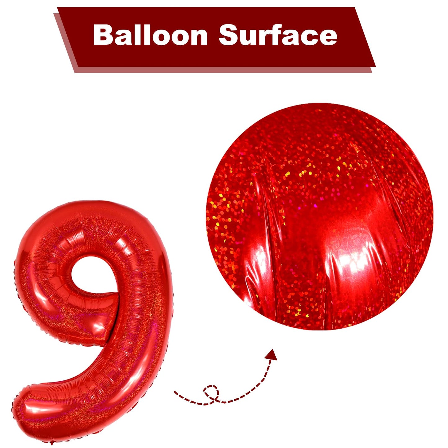 Laser Red 9 Balloon, Number Balloons 40 Inch, 9th Giant Birthday Decorations for Girls,19th 29th Party Decorations Supplies, Number 9 Balloon