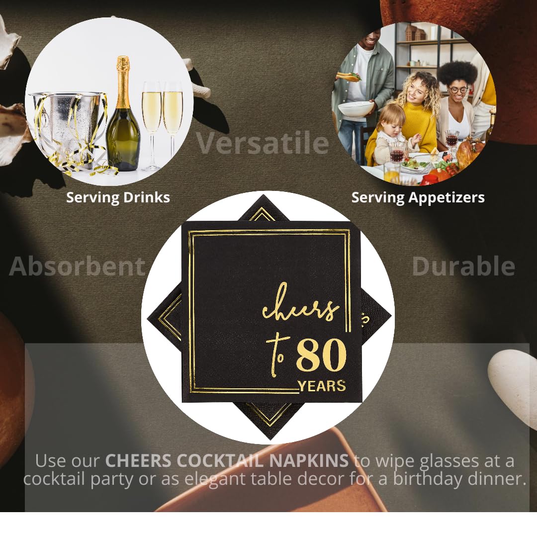 50 Count Black and Gold 80th Birthday Cocktail Napkins 5x5 Inch - Cheers to 80 Years 3-Ply Disposable Party Napkins for Anniversary, Wedding - Elegant Foil Accent Indoor Outdoor Celebrations