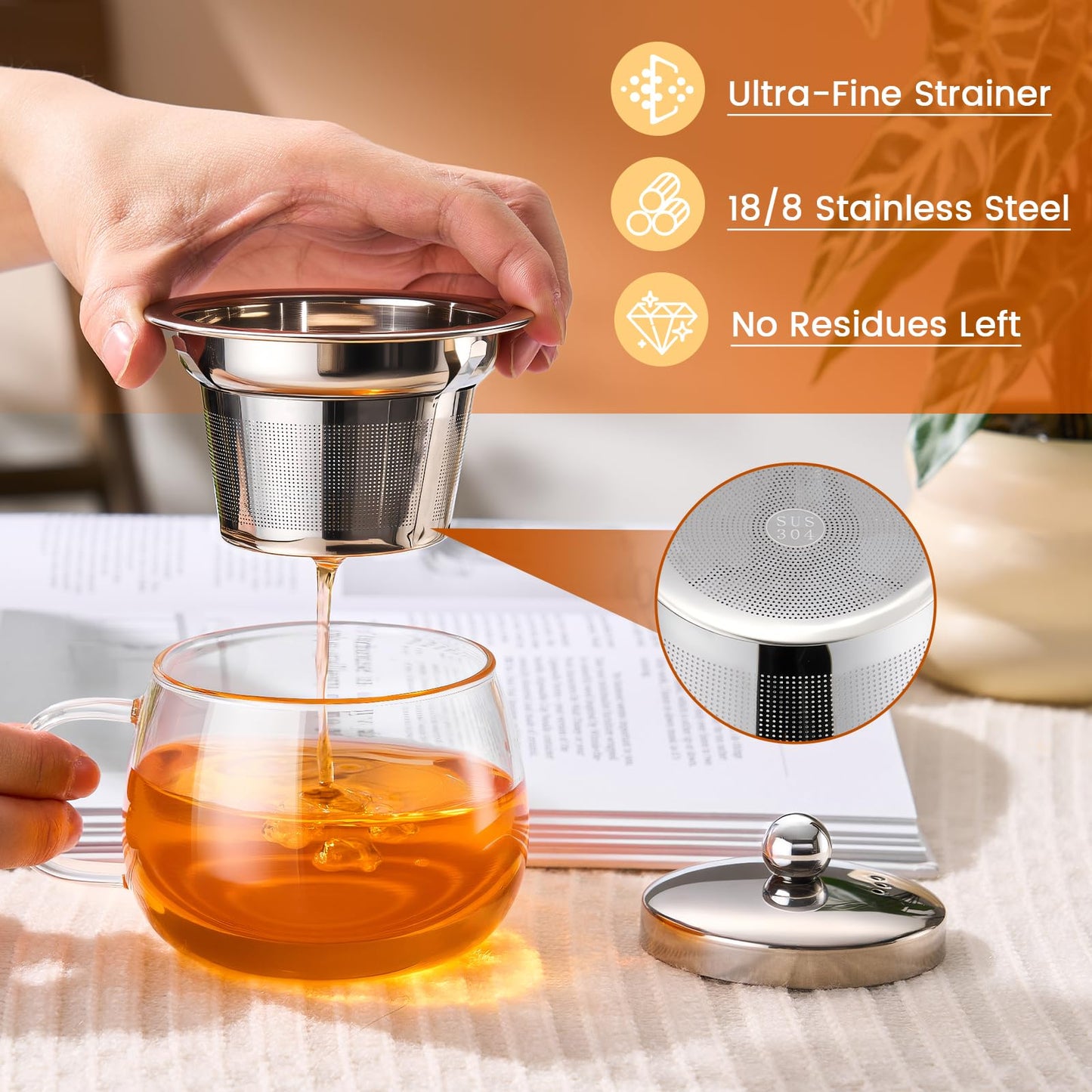 PARACITY Tea Cup with Infuser and lid, Glass Tea Cup of Heat Resistant Glass, 13oz Tea Mug, Clear Teacup for Loose Tea, Blooming Tea, Tea Bag, Tea Cup with Strainer for Family Daily
