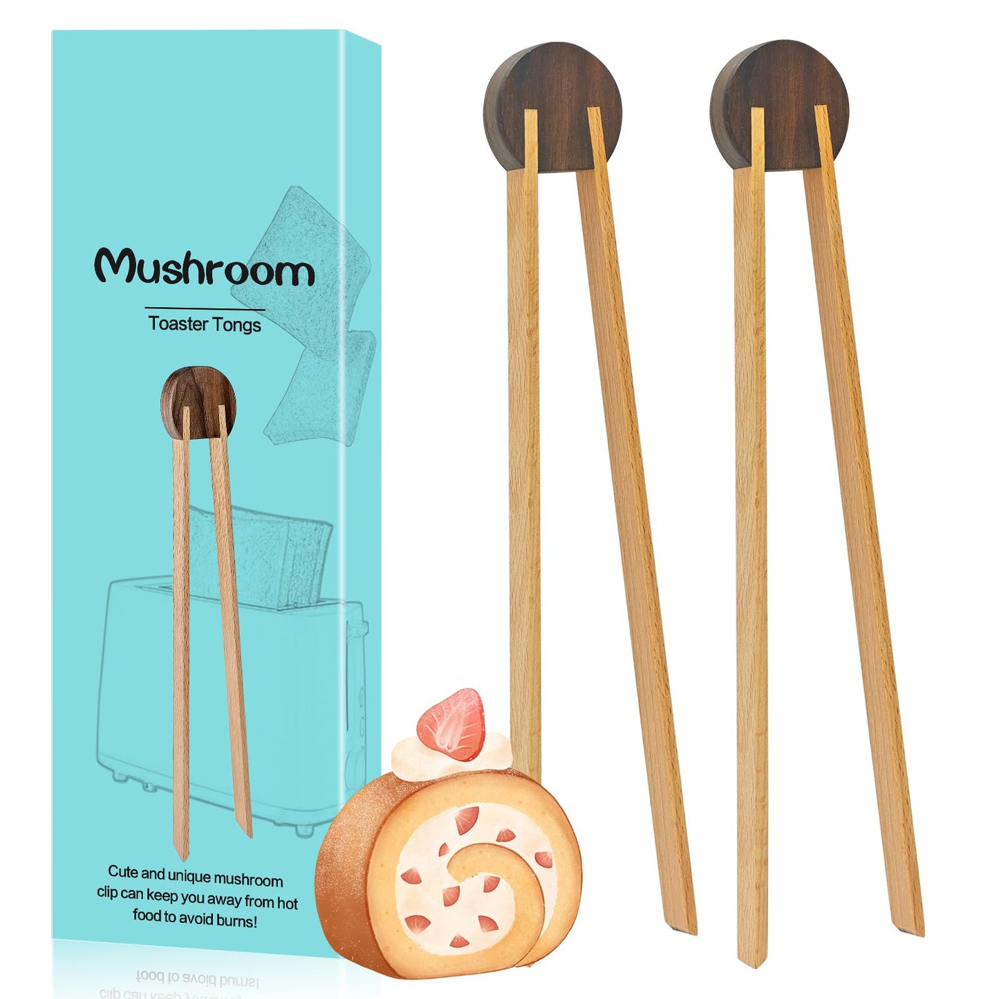 Mushroom-Shaped Wooden Tongs with Magnetic 2 Pack- 10.6" Food Safe Kitchen and Salad Tongs for Baking, Grilling, Breakfast, Picnics, Durable Wooden Cooking Utensils Easy to Store