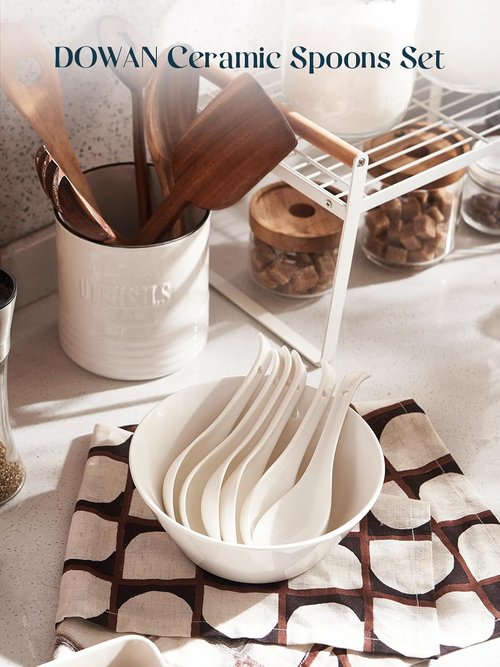 DOWAN Ceramic Soup Spoons - Large White Japanese Design for Ramen & Pho | Set of 4