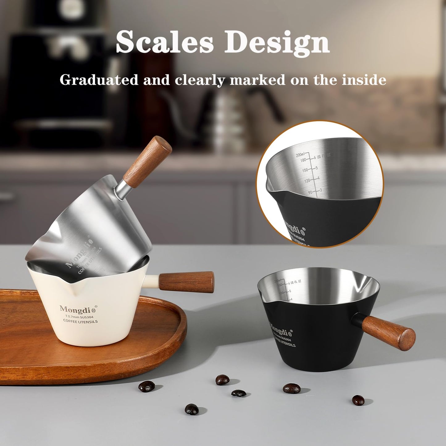 Mongdio Espresso Measuring Cup, Stainless Steel Espresso Shot Cups with Wooden Handle and Double Spouts, 6.8OZ/200ML, White