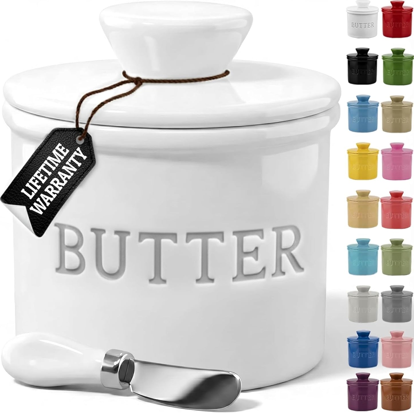 Priority Chef Ceramic Butter Crock with Lid - French Butter Dish with Water Line | White