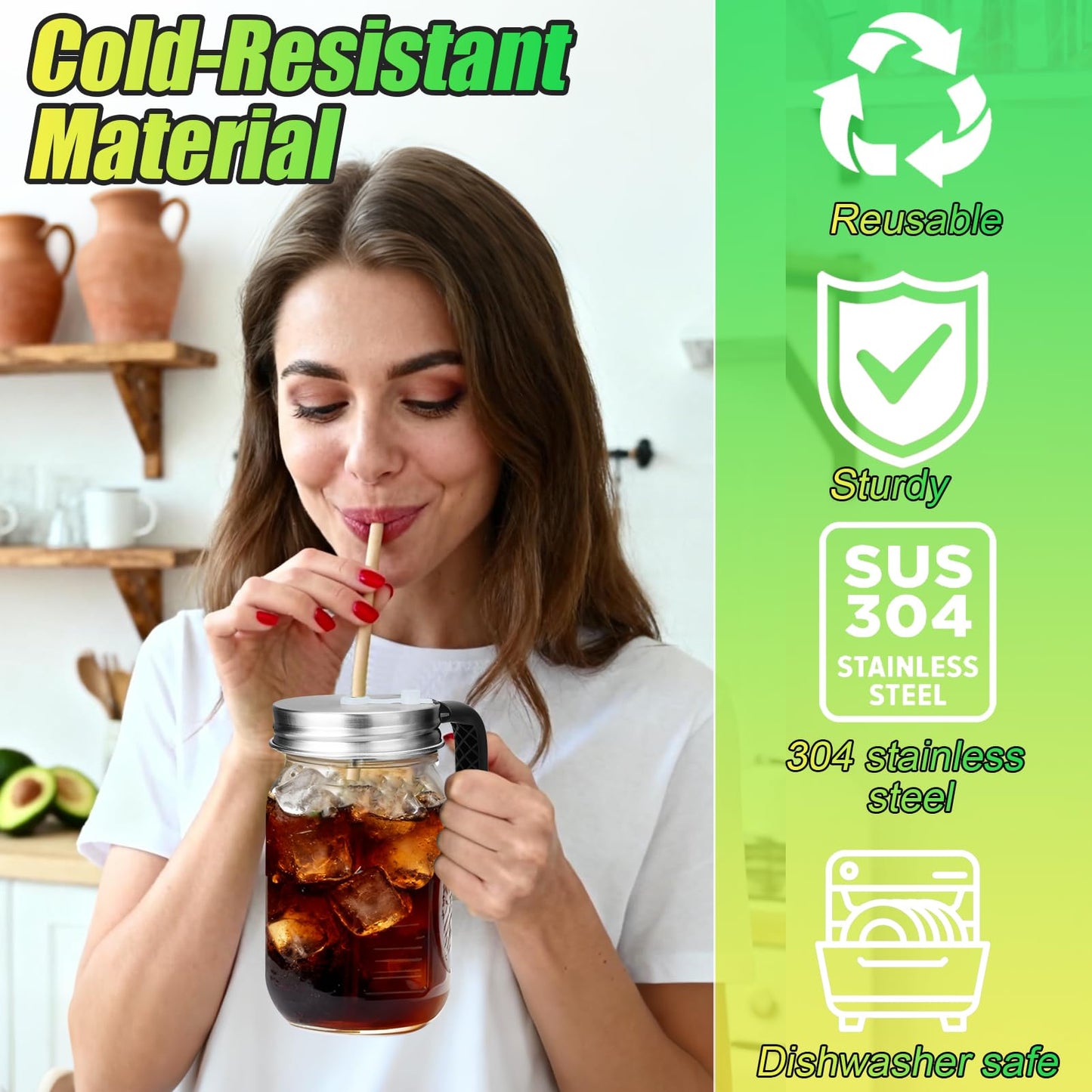 Palksky Mason Jar Lids with Straw Hole & Handle for Regular Mouth Jars, Leak-Resistant Drinking Lids with Extra Silicone Rings, Mason Jar Straw Lids for Iced Coffee, Lemonade, Juice (2 Pack)