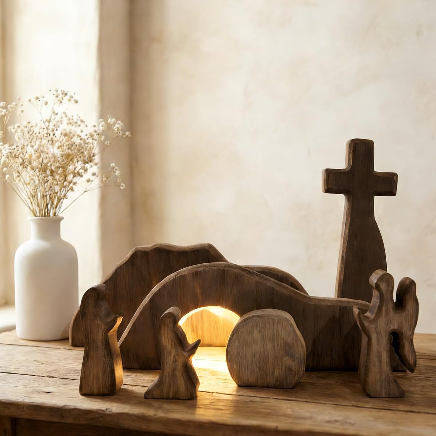 FESTGLOX Empty Tomb Easter Scene for Christian Decoration, Wooden Easter Resurrection Scene with Cross for Religious Display, Nativity Jesus Tomb Set for Home Office Tabletop Tray, Shelf Decor