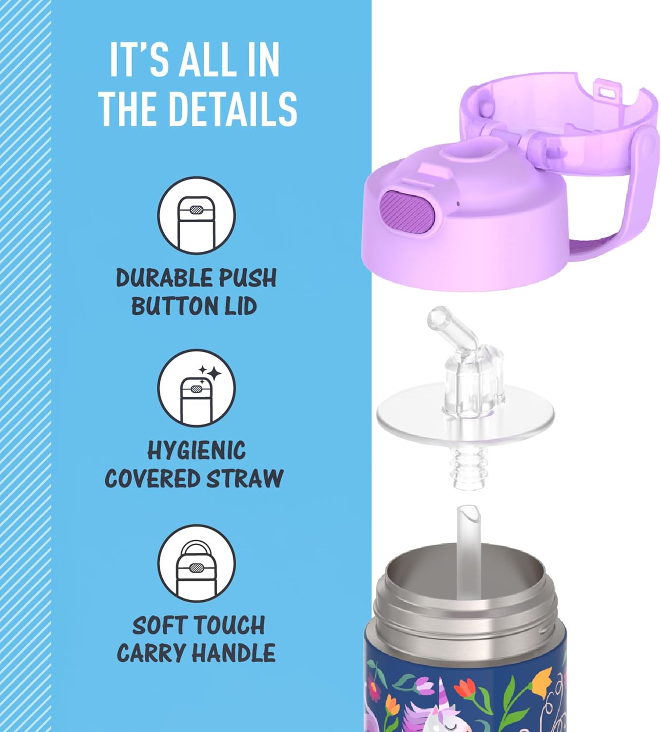 THERMOS FUNTAINER Water Bottle - 12 Ounce Kids Stainless Steel Vacuum Insulated with Straw | Unicorn Blooms