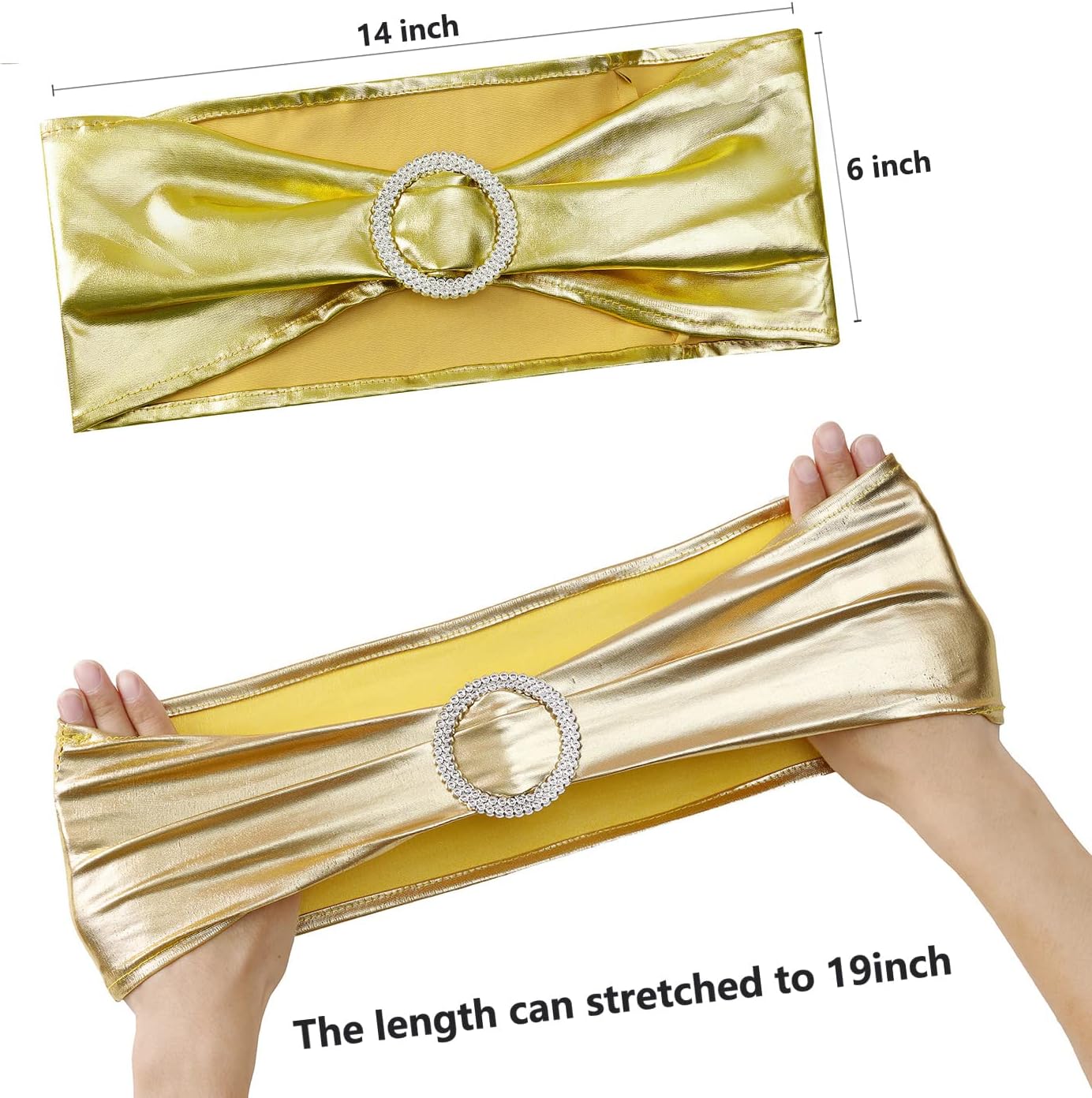 Spandex Gold Chair Sashes - 50 Pack Stretch Bands with Buckles for Wedding & Event Decor - Metal Gold