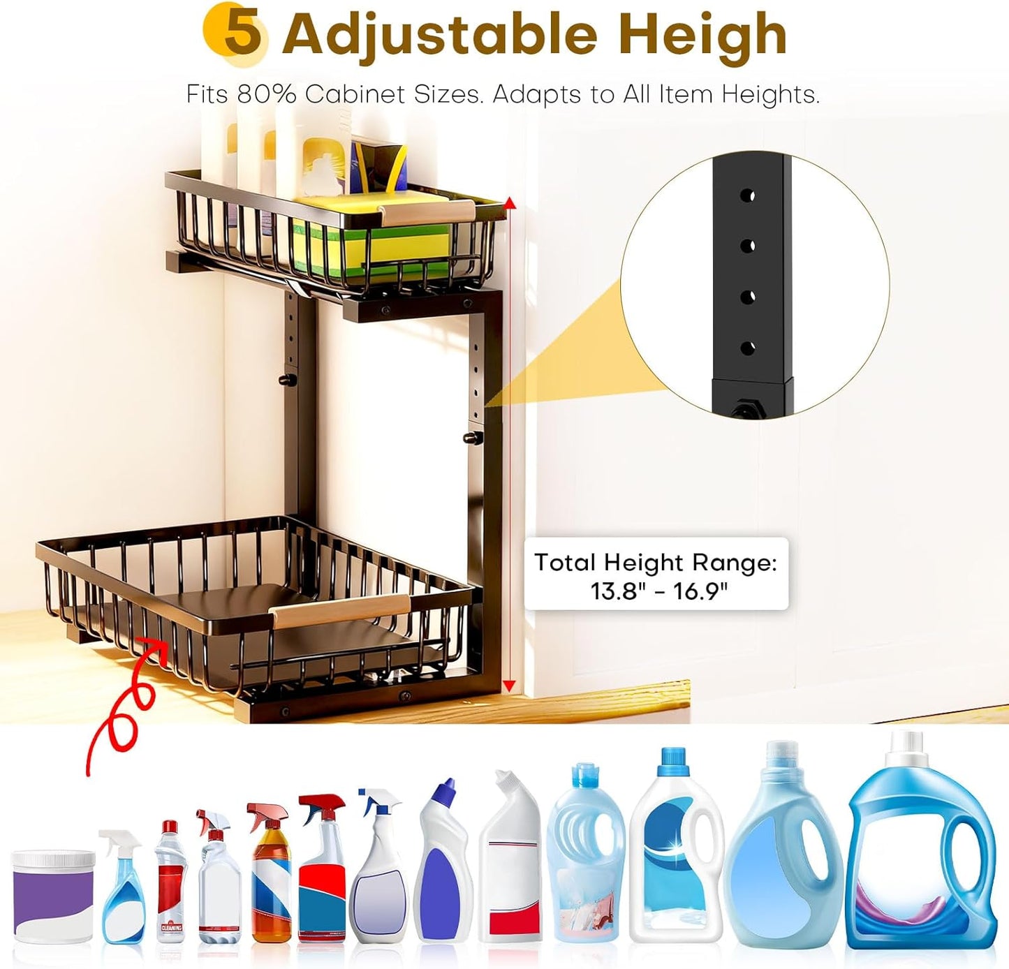 Under Sink Organizer | Heavy-Duty Carbon Steel, Rust-Resistant, 2-Tier Pull-Out Storage, Adjustable Height (13.8" - 16.9"), Black (2PCS)