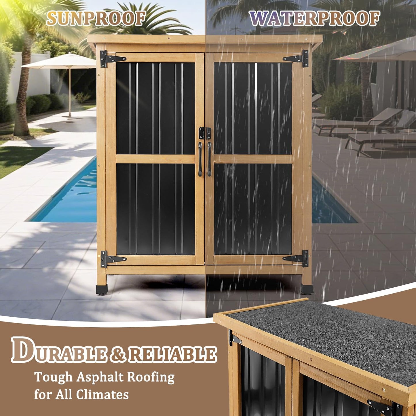 PetsCosset Weatherproof Outdoor Storage Cabinet - Lockable Wood & Metal Garden Shed for Tools & Pool Accessories