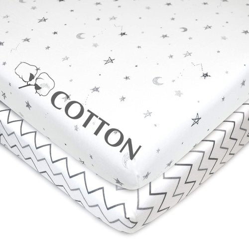 American Baby Company 100% Natural Cotton Fitted Pack and Play Sheets - Soft & Breathable, 39" x 27", Grey Stars/Zigzag for Boys & Girls