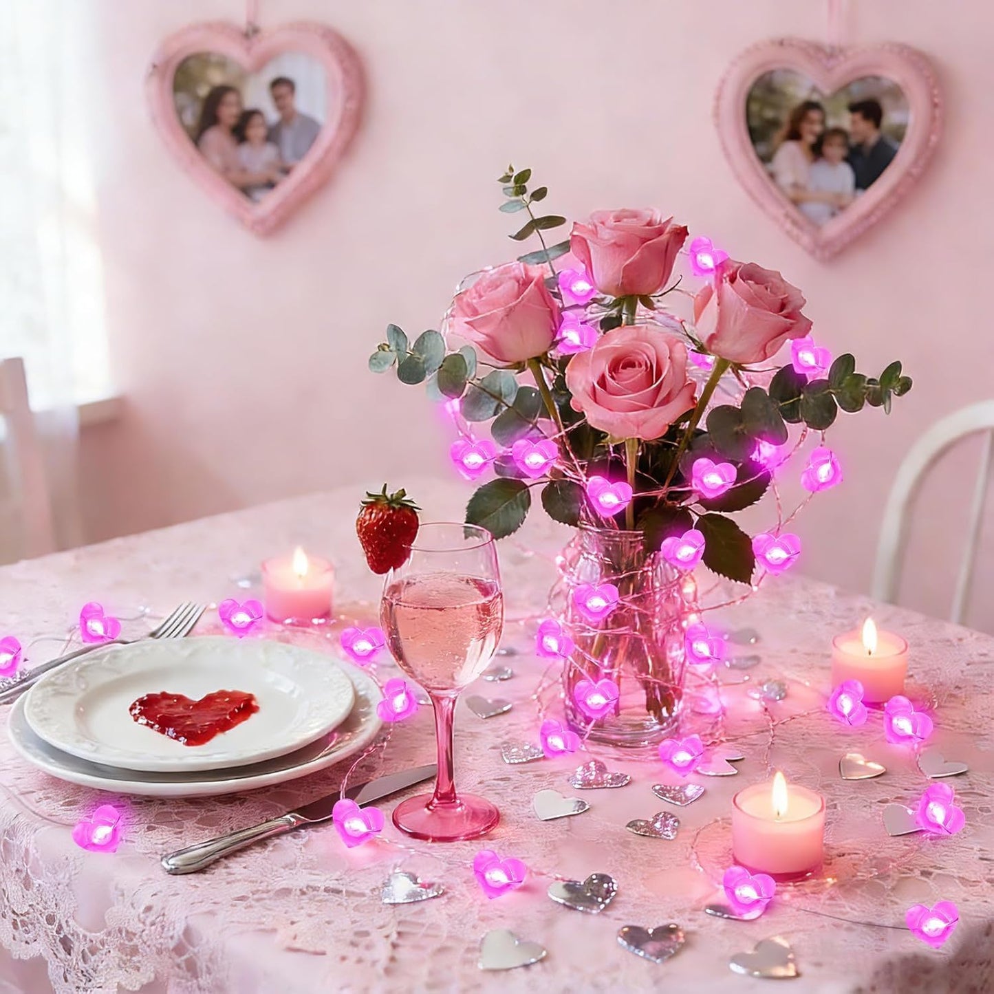 Skiennix 10FT Pink Heart Fairy Lights - Battery Operated LED String Lights with Timer for Indoor/Outdoor Decor