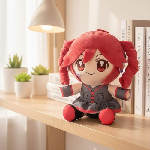 Collectible Pink Drill Twin Tail Girl Plush - Cute 22cm Anime Plushie with 3D Hair & Red/Black Outfit
