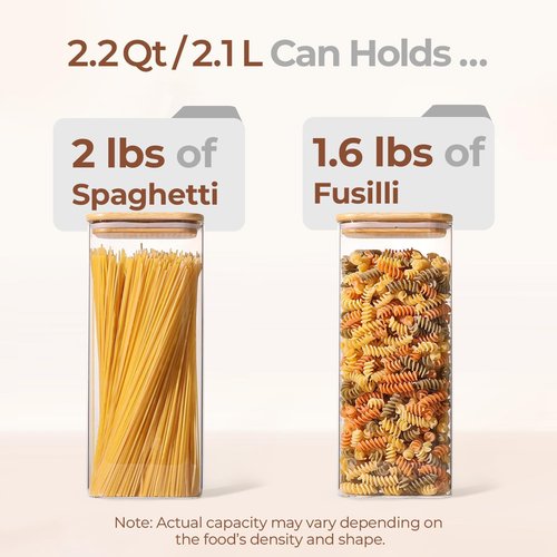 ComSaf Glass Storage Containers - 2.2 Qt Rectangle Jars with Bamboo Lids for Food Storage | Clear Pantry Organizer