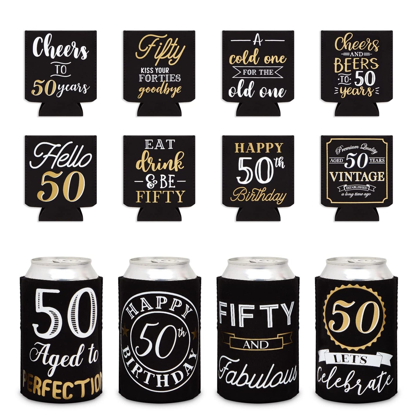 Sparkle and Bash 50th Birthday Can Cooler Sleeves - Medium, Black & Gold, 12-Pack - Insulated Neoprene Holder for 12 Oz Cans, 50th Birthday Party Favors & Decorations