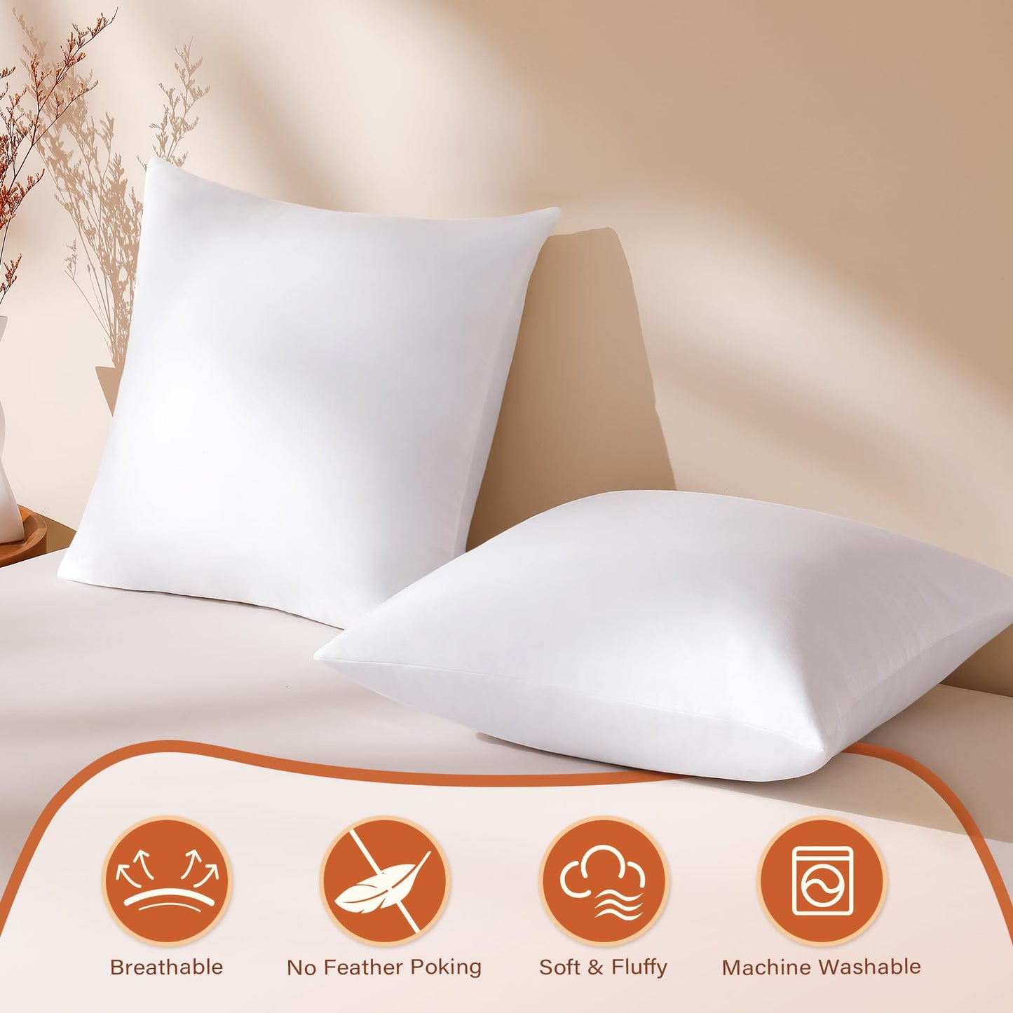 DOWNSTORIA 26x26 Euro Pillow Inserts Pack of 2, Natural Feather Down Pillows with 100% Cotton Cover