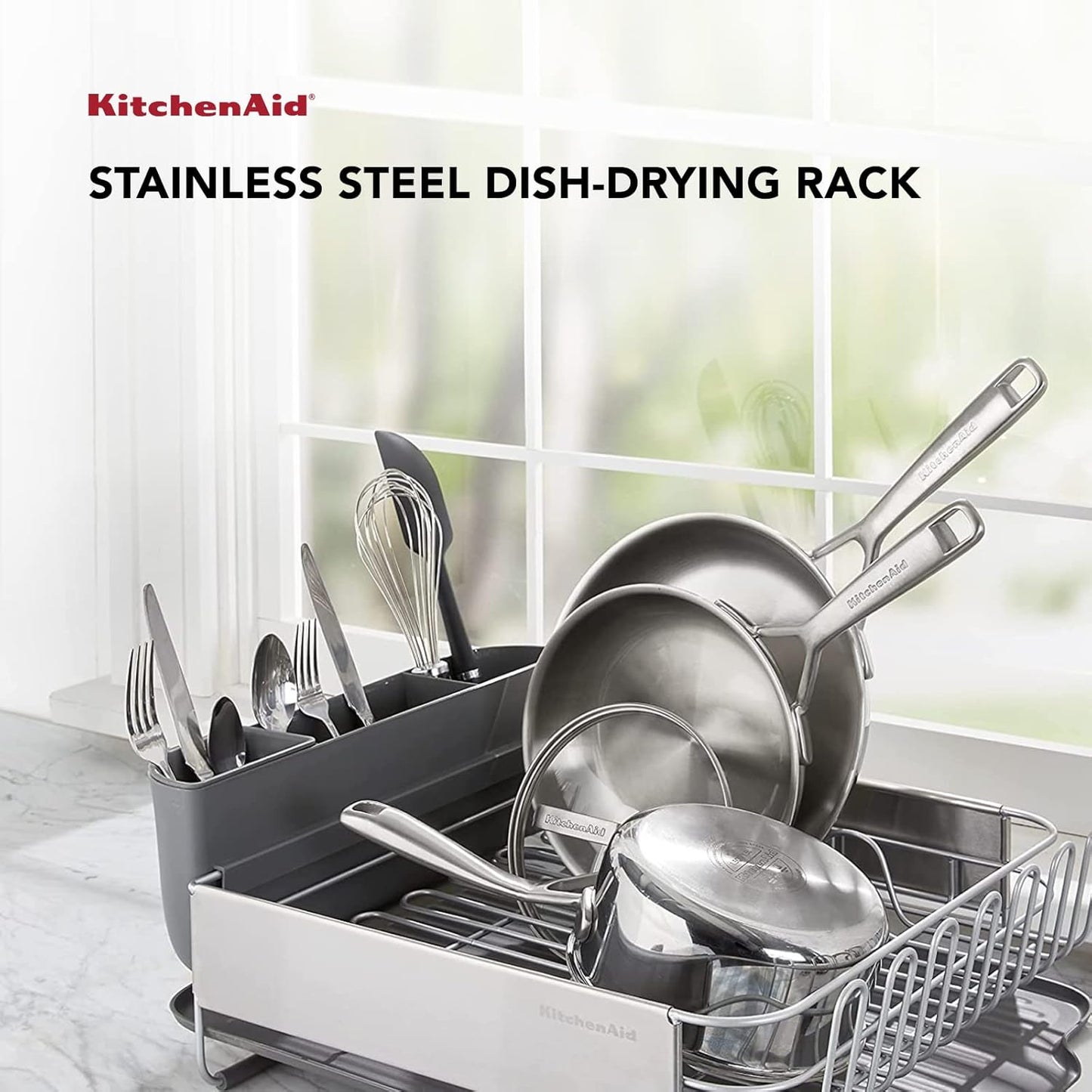 KitchenAid Dish Rack - Large Capacity Self-Draining Design | Rust-Resistant Satin Coated, 20.47-Inch, Gray