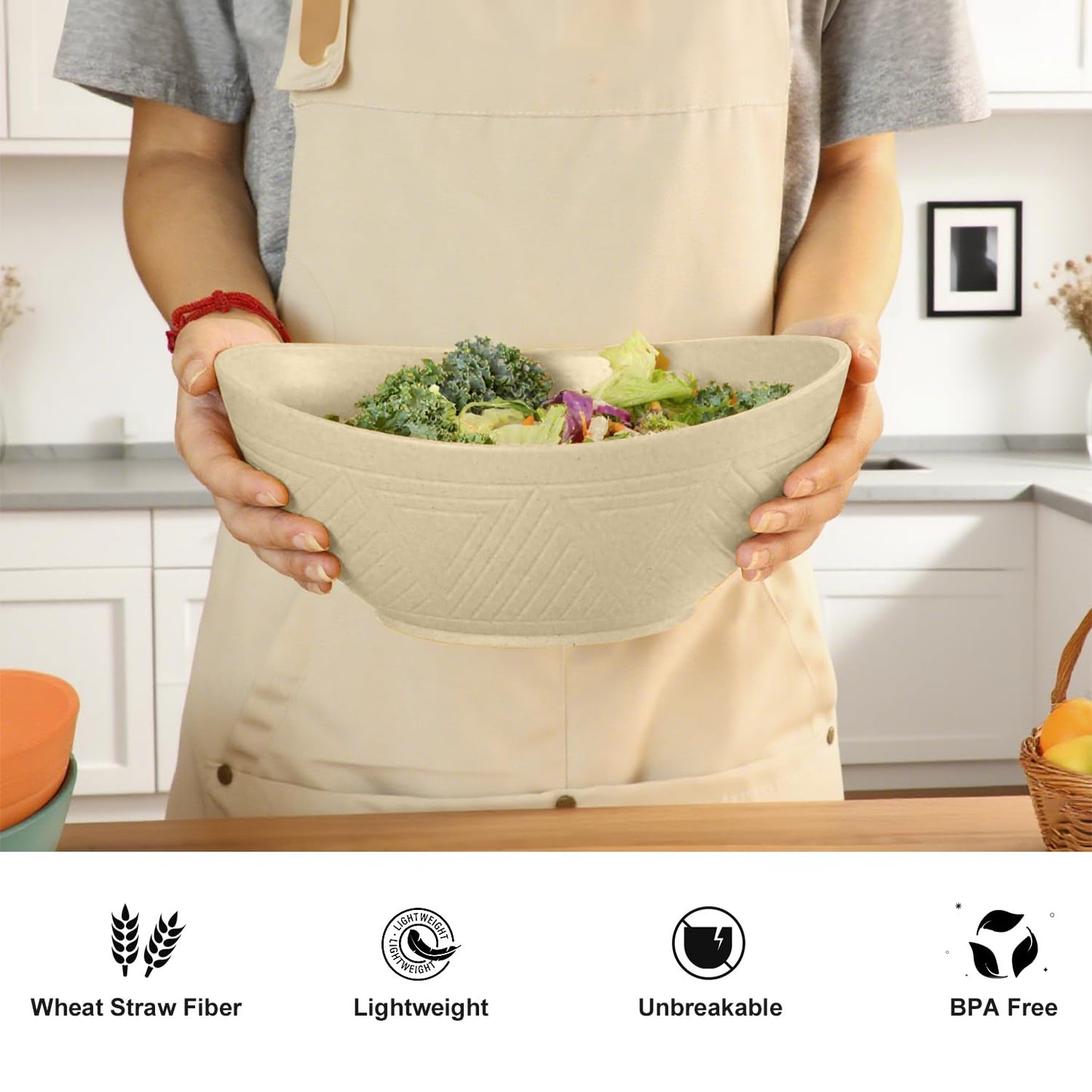 BUSOKIP Large Bowls 65 OZ, Wheat Straw Bowls Set of 4, Unbreakable Salad Bowl, Microwave & Dishwasher Safe Big Bowl, Kitchen Serving Bowl for Salad, Cereal, Soup and Oatmeal (Beige)