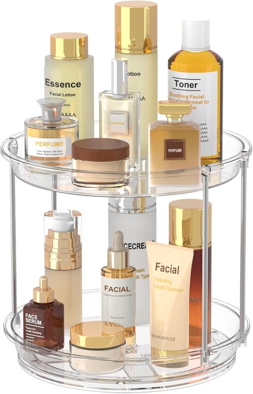 360 Rotating Makeup Organizer - 2-Tier Clear Lazy Susan Turntable for Vanity & Bathroom Storage