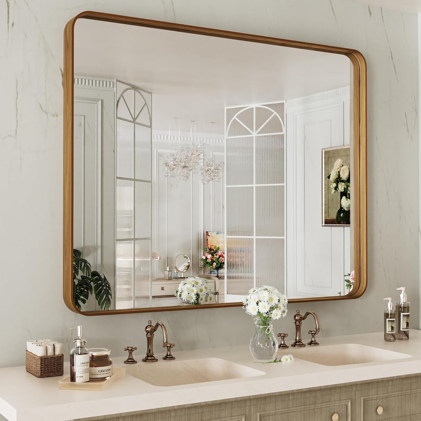 LOAAO Bathroom Mirror - 40x32 Inch Rounded Rectangle Design with Wood Grain Metal Frame | Anti-Rust, Versatile Hanging Options