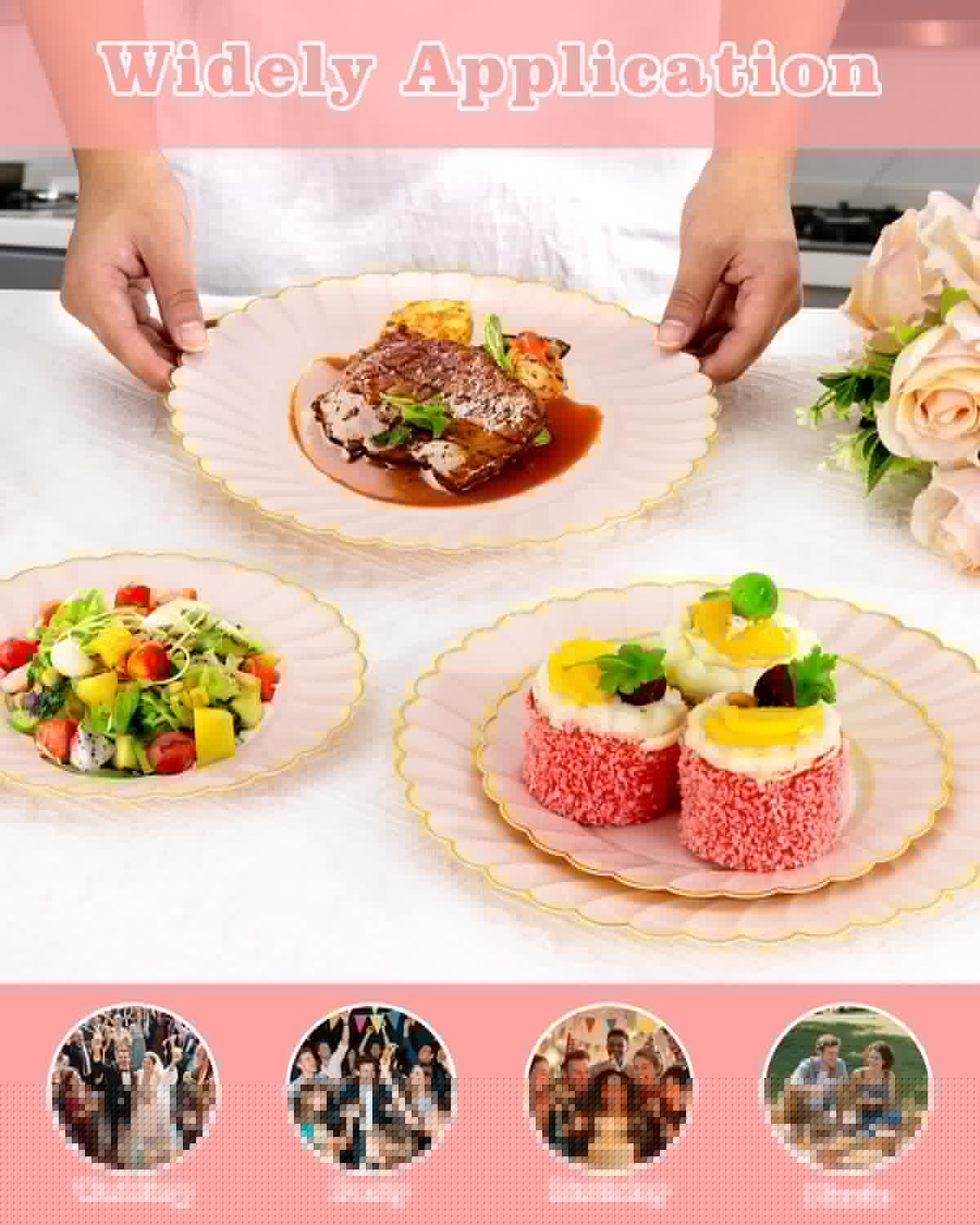 YOUBET 100PCS Pink Scalloped Plastic Plates - Heavy Duty Gold Disposable Fancy Hard Plates Include 50 Dinner Plate, 50 Dessert Plate, for Wedding & Party Mothers Day