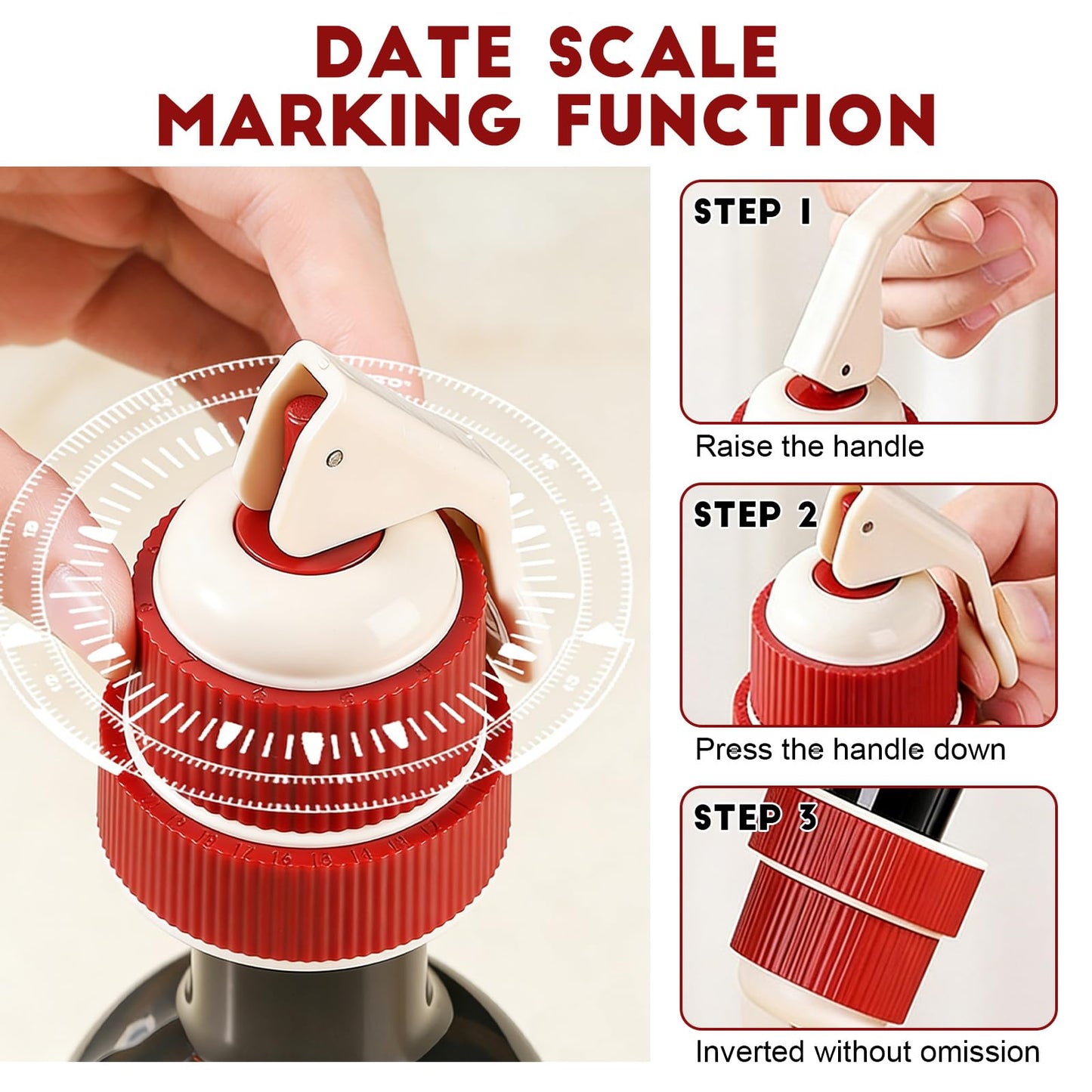 Vacuum Wine Stopper with Date Marker, Lever-Lock Wine Saver, 100% Leak-Proof Airtight Seal for Horizontal Fridge Storage, Reusable Wine Bottle Topper Gift for Wine Lovers (Red)