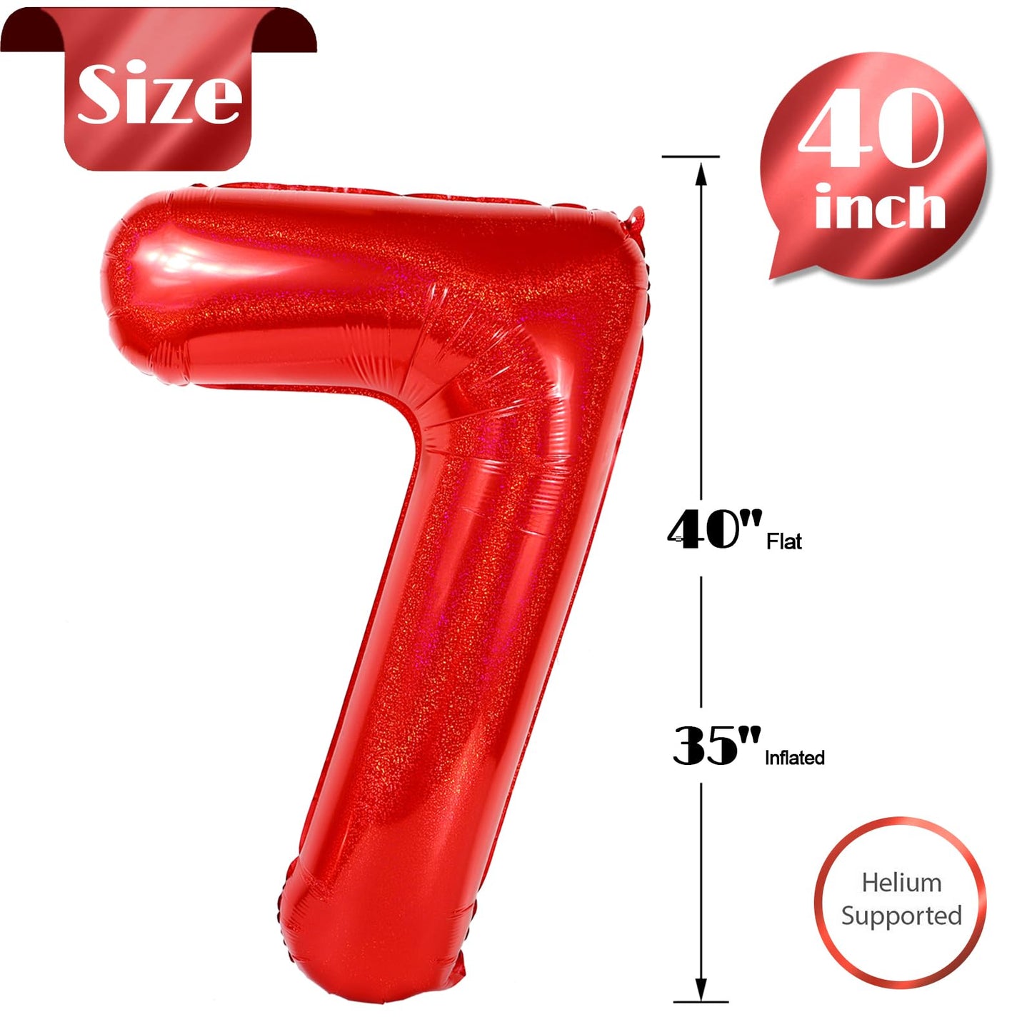 Laser Red 7 Balloon, Number Balloons 40 Inch, 7th Birthday Decorations for Girls Kids, Party Decoration for Women, Number 7 Balloon