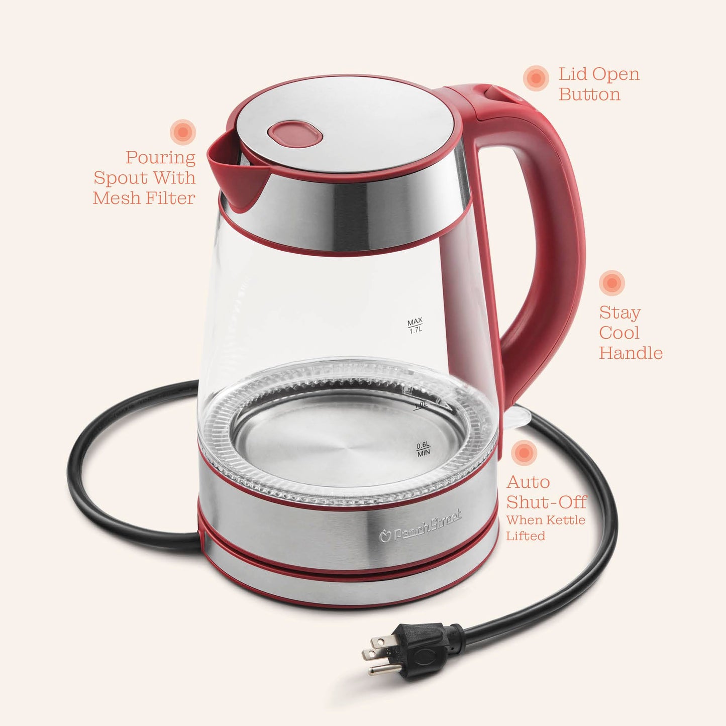 Speed-Boil Water Electric Kettle, 1.7L 1500W, Coffee & Tea Kettle Borosilicate Glass, Water Boiler, Auto Shut-Off, Cool Touch Handle, Base Detachable, LED. 360° Rotation, Boil Dry Protection