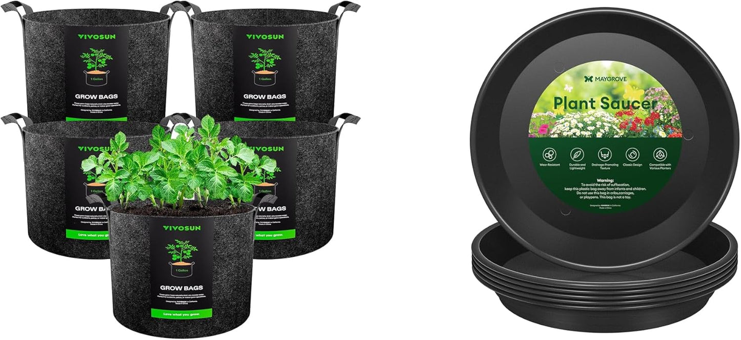 VIVOSUN 5-Pack Heavy Duty Nonwoven Fabric Pots - 1 Gallon with 6 Plant Saucers | Indoor Use, 8-12 Inch Trays