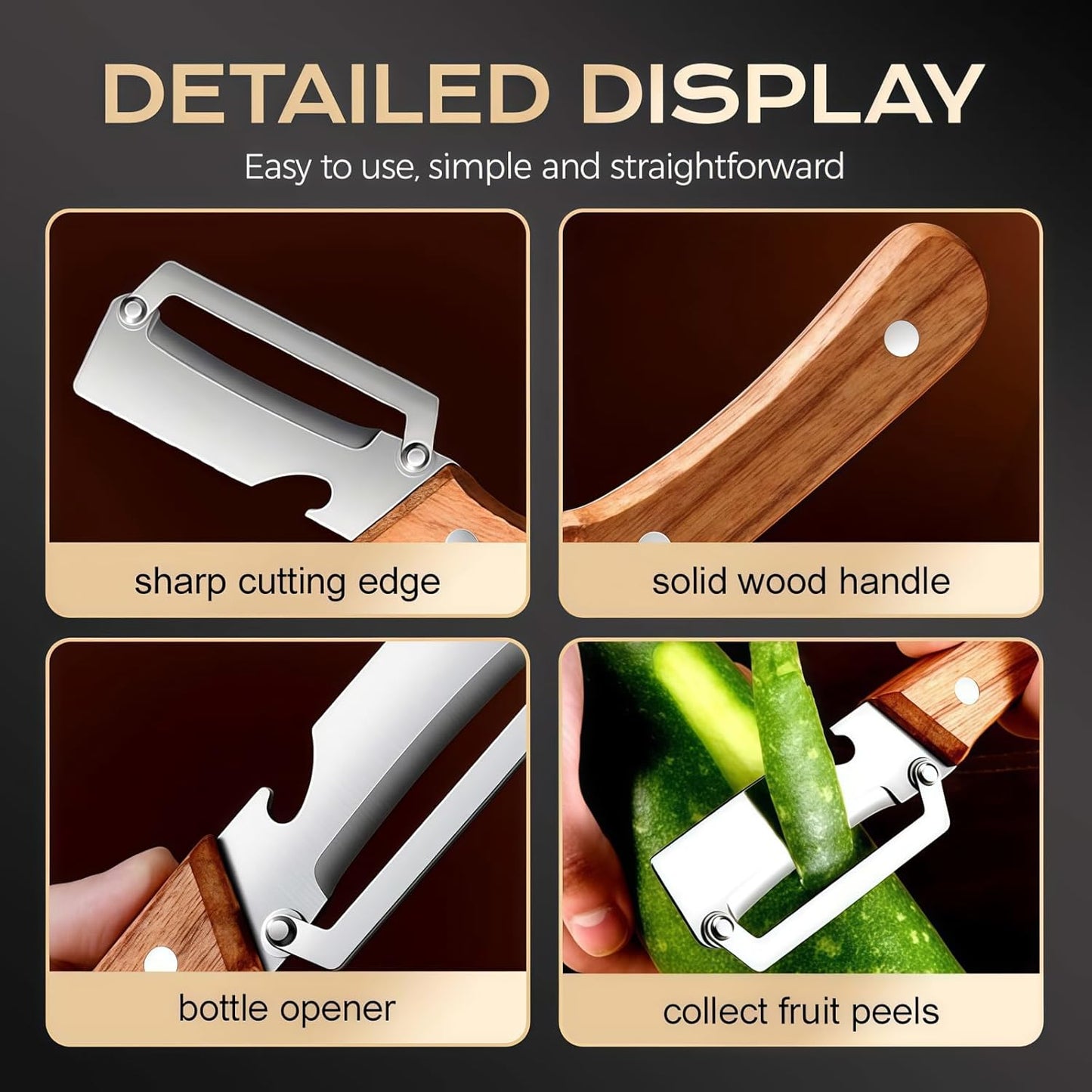 Skiennix Multifunctional Vegetable Peeler - 2 Pcs Wooden Handle with Bottle Opener | Ideal for Fruits & Veggies