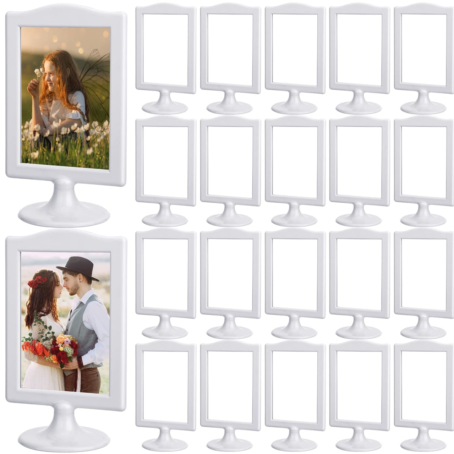 Amyhill 20 Pcs Double Sided Standing Picture Frames 4 x 6 Pedestal Photo Frame Plastic Each Holds 2 Pictures Tabletop Vertical Display for Wedding Table Bridal (White)