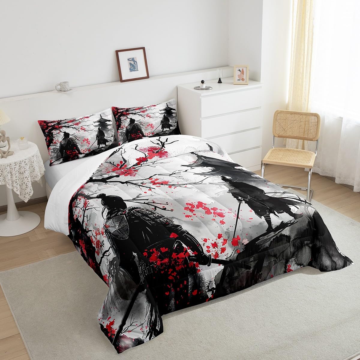 Feelyou Japanese Samurai Comforter Set Queen Size Kids Ukiyoe Comforter for Boys Girls Cherry Blossoms Bedding Set Japanese-Style Duvet Set