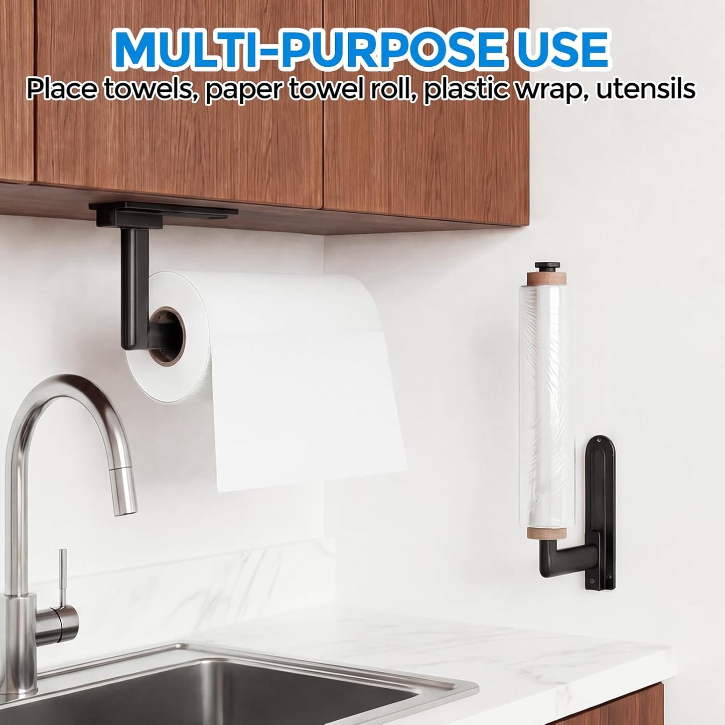 Zaa Paper Towel Holder - Under Cabinet Wall Mount, Self-Adhesive or Drilling, One-Hand Tear, Black Finish